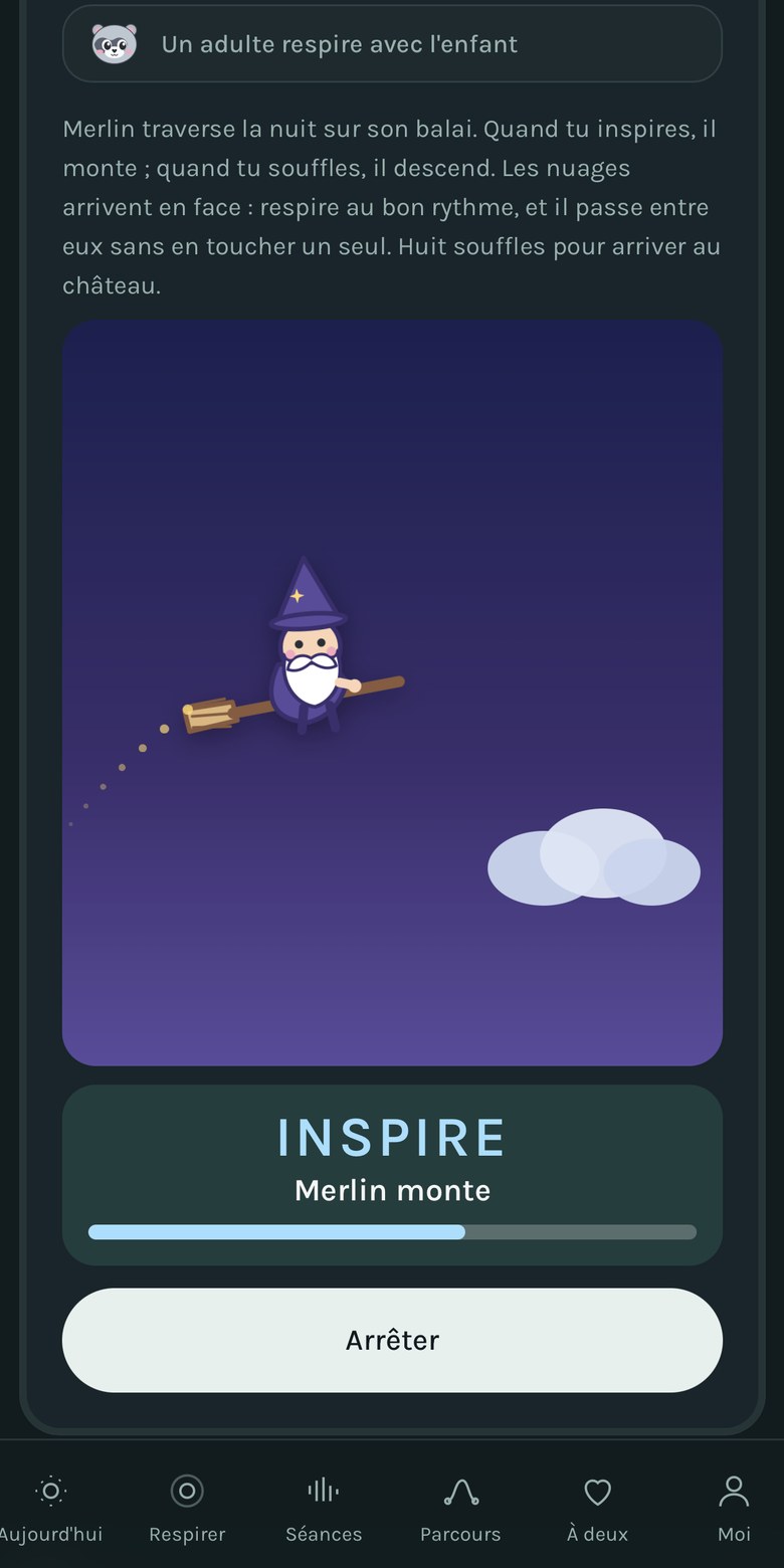 Merlin sur son balai monte quand l'enfant inspire